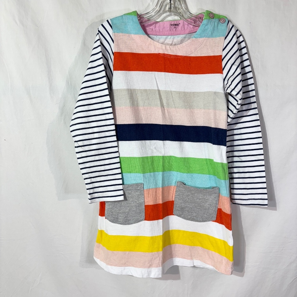Girls Colorful Dress Stripped Long‎ Sleeve with Pockets Size 7t